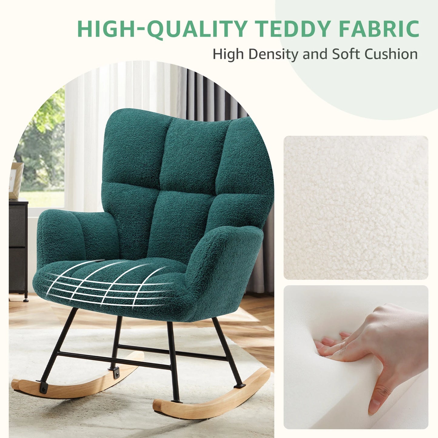 JHK Teddy Fabric Upholstered Glider With High Backrest Rocker