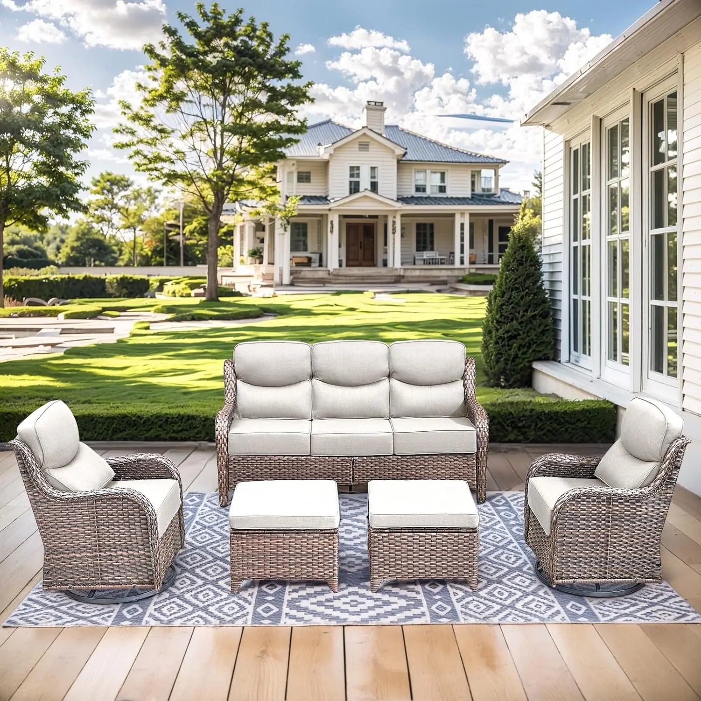 Wicker Outdoor Patio Furniture Set With Deep Seat Swivel Chairs
