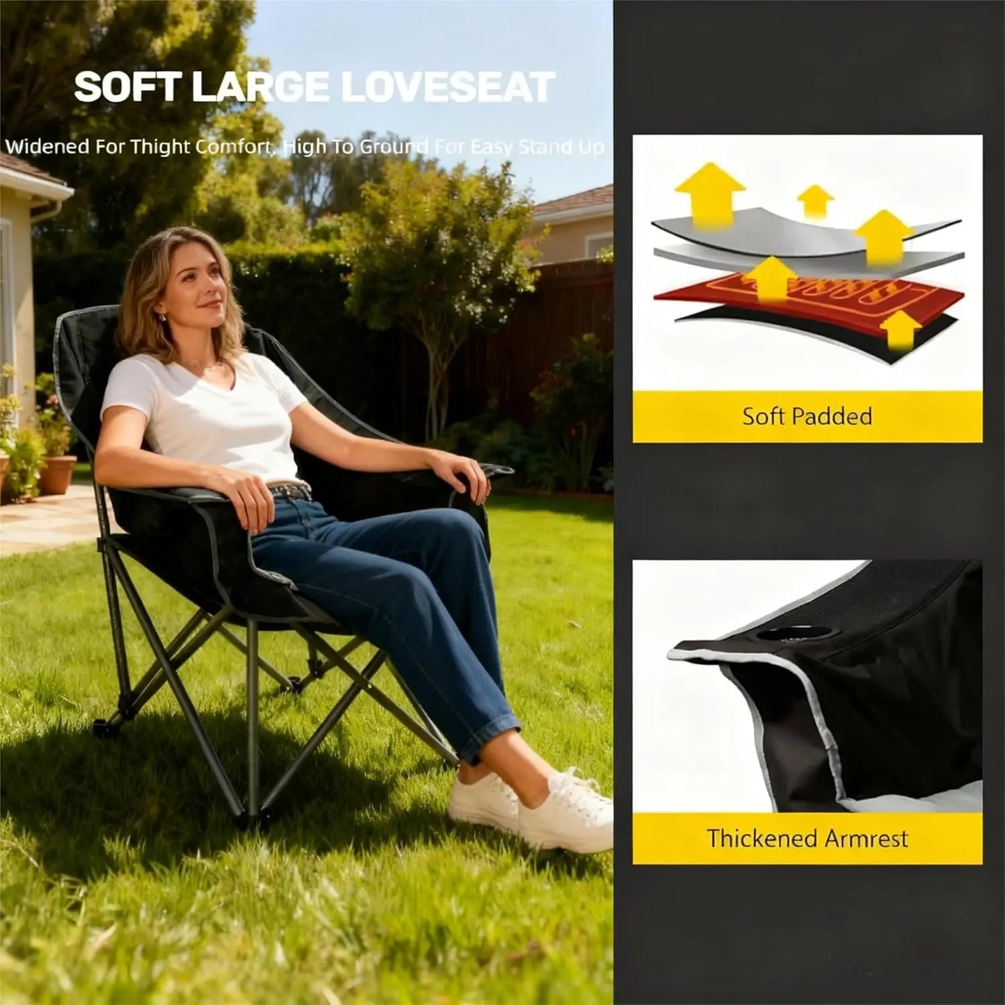 Oversized Padded Camping Chair Heavy Duty Quad Fold Portable Outdoor Support 450LBS Black