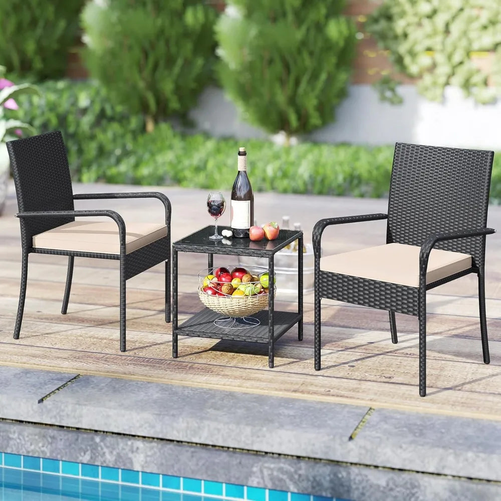 Three Piece Patio Rattan Conversation Set With Glass Table
