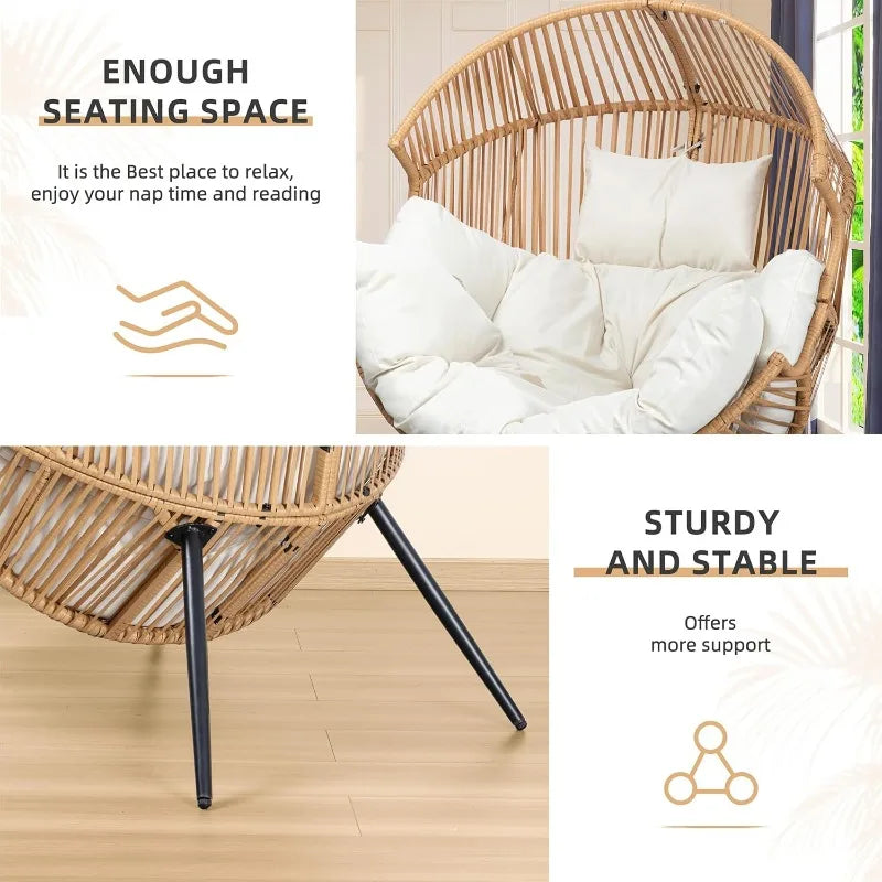 Outdoor Wicker Egg Chair PE Rattan Chair with Cushion, Oversized Patio Lounge Chair for Outdoor, Indoor, Balcony, Back