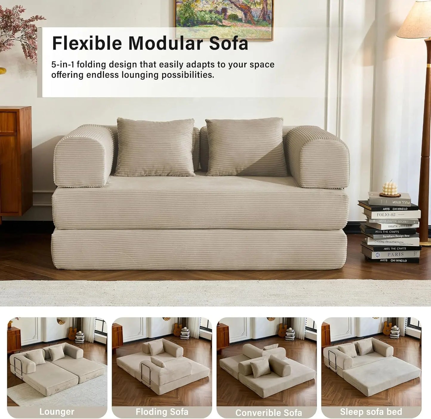 YQXHCN Folding Convertible Sofa Bed Corduroy Futon With Pull Out Sleeper
