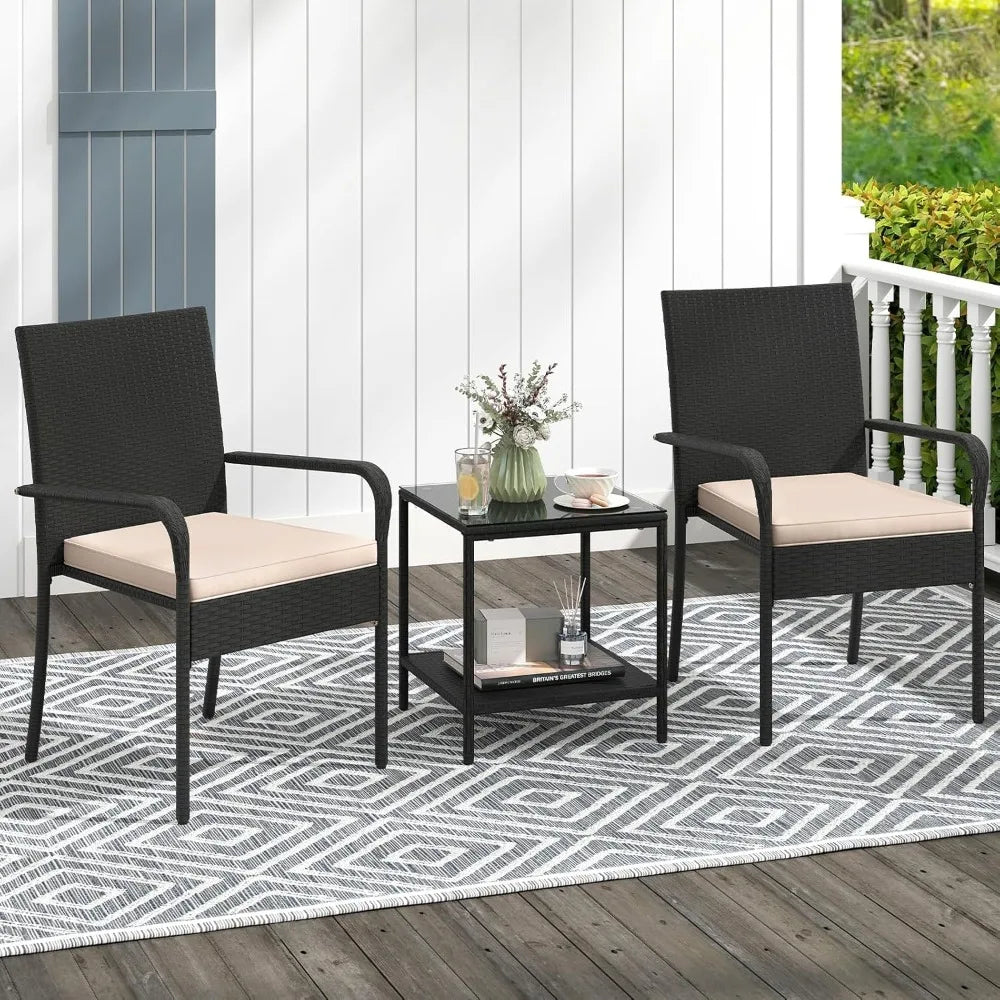 Three Piece Patio Rattan Conversation Set With Glass Table