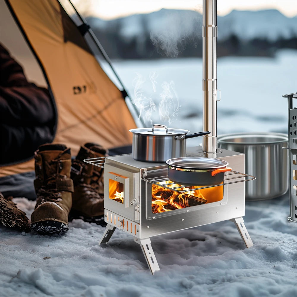 Stainless Steel Portable Camping Wood Burning Stove With Chimney Pipes