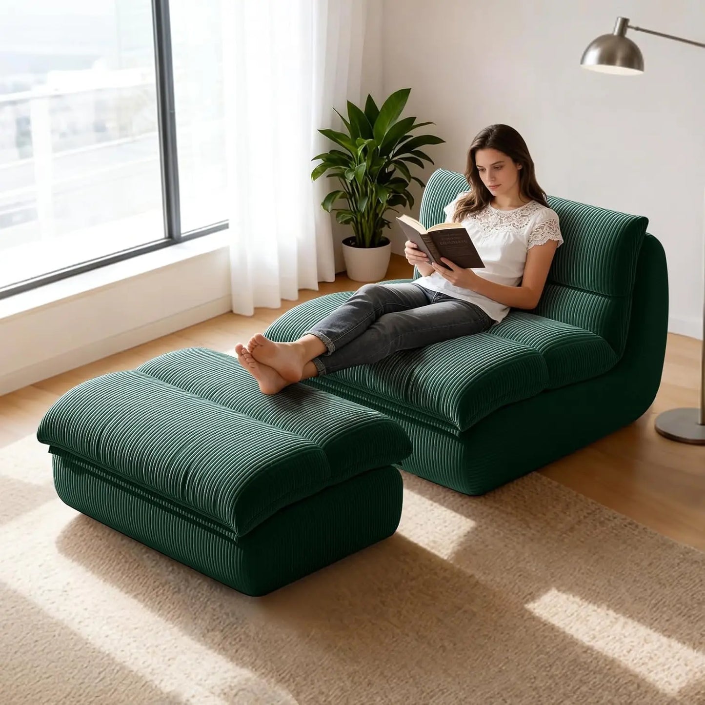 Corduroy Memory Foam Bean Bag Lounge Chair With Ottoman