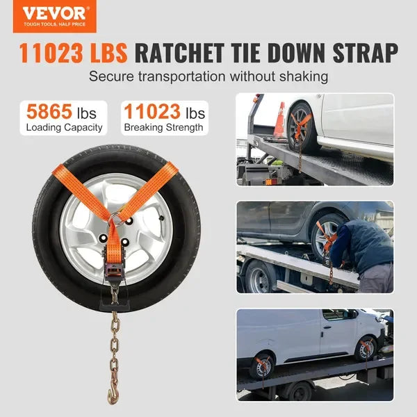 VEVOR Car Tie Down with Chain Anchors, Lasso Style 2'×120' Tire Straps, 5865 LBS Working Load, 11023 LBS Breaking Strength, with