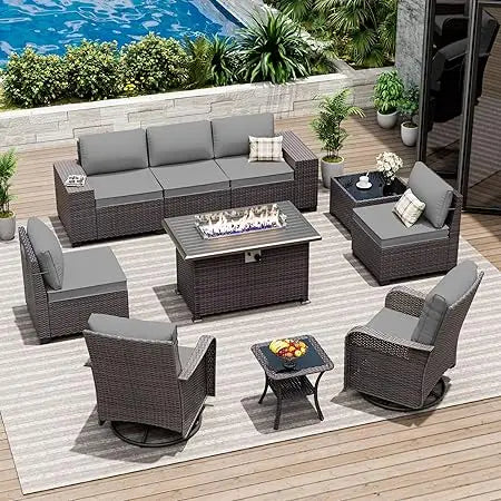Patio Furniture Set with Swivel Chairs and Gas Fire Pit