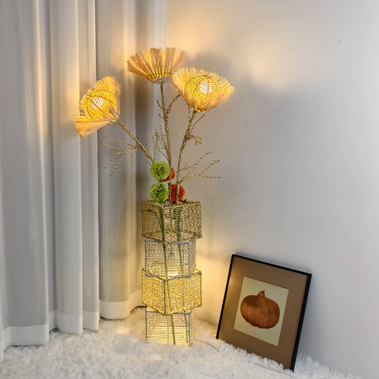 Rattan Floor Lamp Dimmable LED Standing Light For Living Room