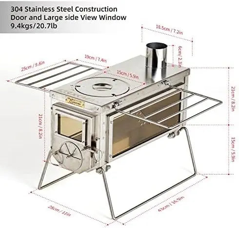 Portable Camping Tent Wood Stove With 6 Section Chimney Pipes