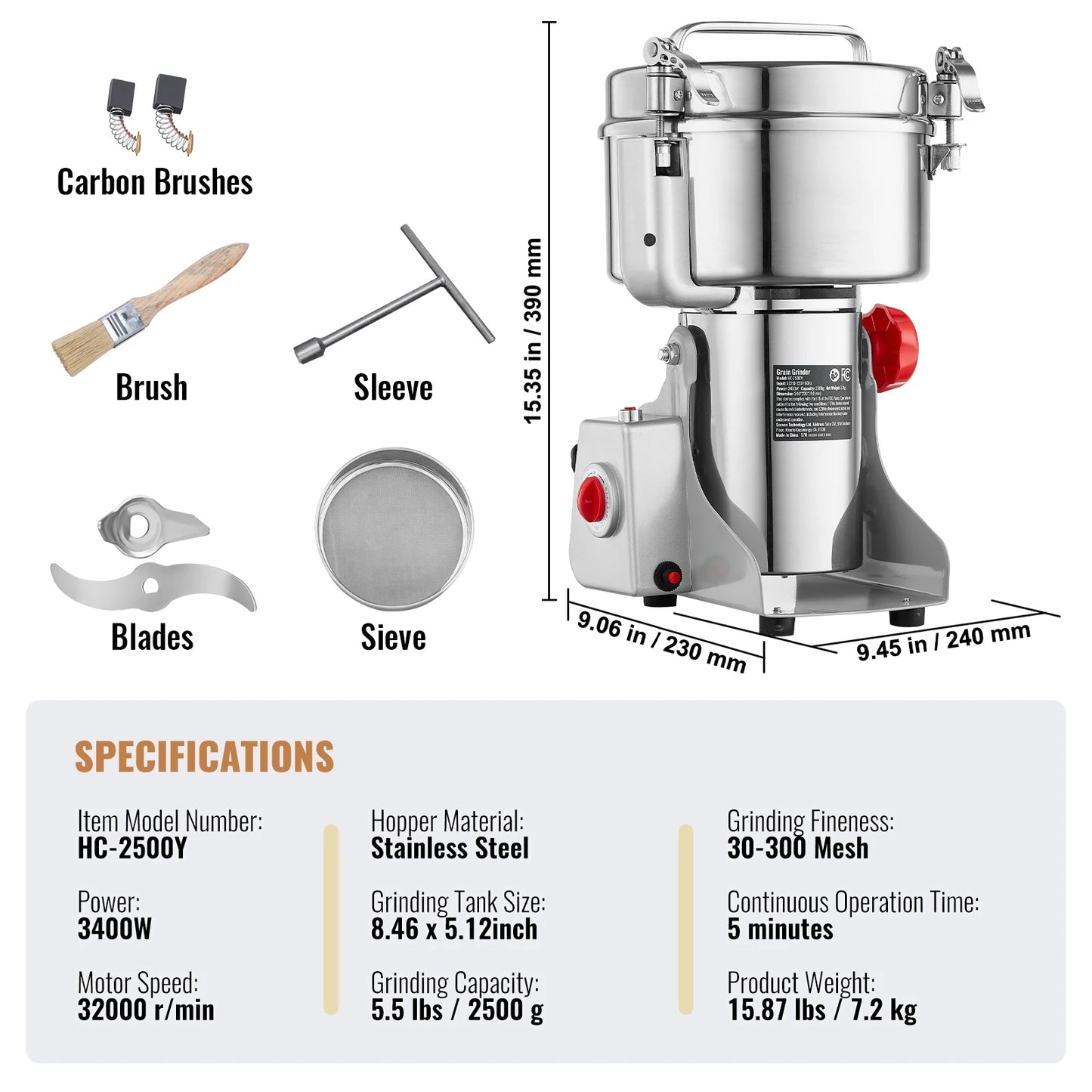 VEVOR Electric Grain Mill Grinder for Dry Herbs and Spices