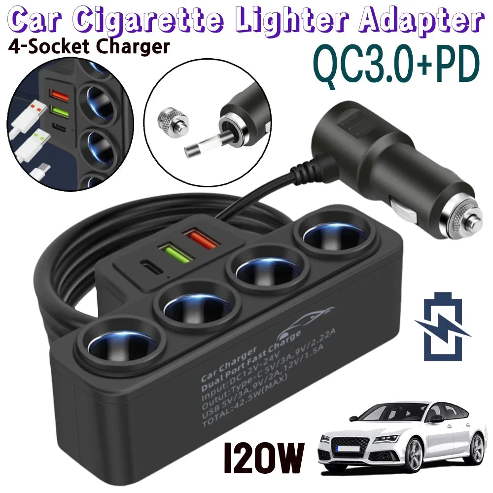 Shunmaii Car USB Charger Splitter 4-Port QC3.0 PD Fast Charge