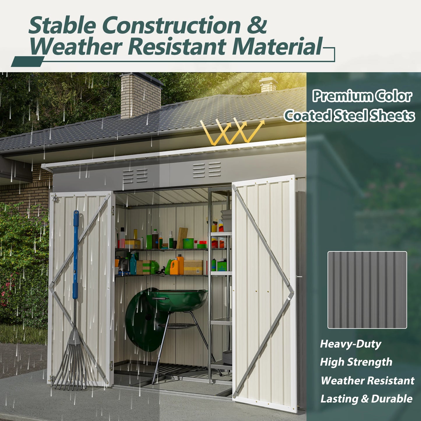 LZBEITEM Metal Outdoor Storage Shed Lean To With Lockable Door