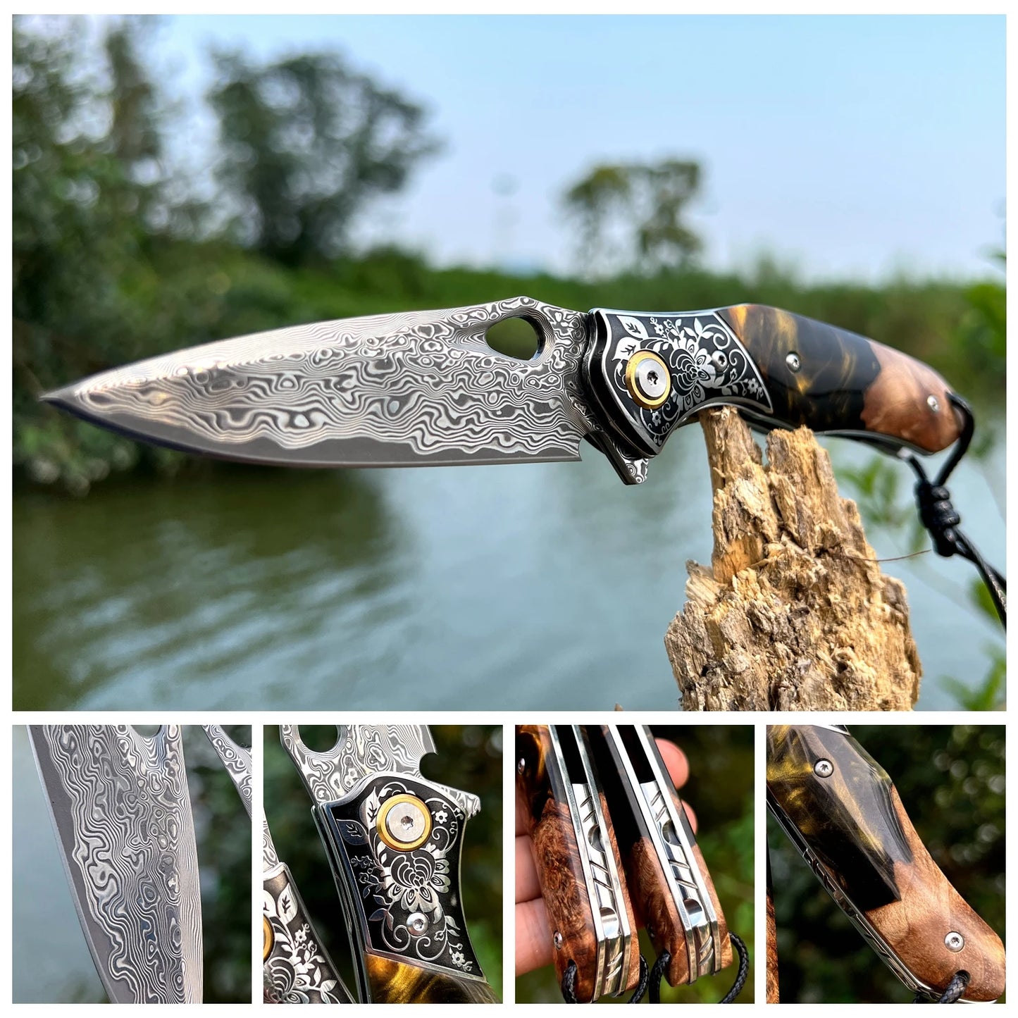 NONEDIY Damascus Steel Pocket Knife With Wood Handle