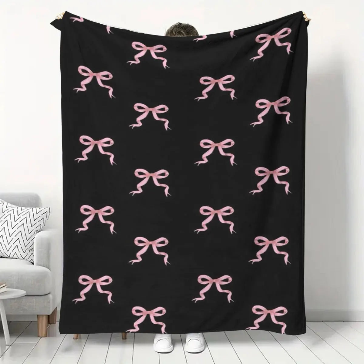 Cozy Bow Blanket Soft Flannel Throw for Sofa and Travel