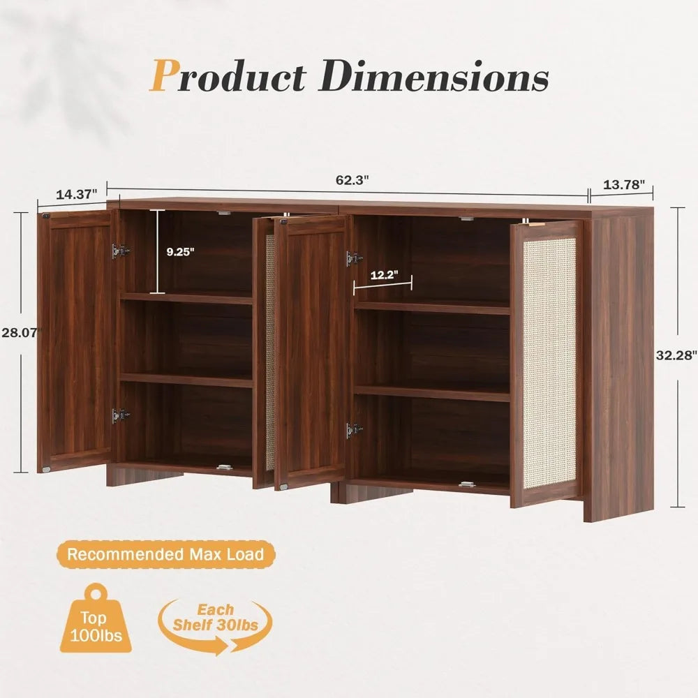 Rattan Storage Sideboard Buffet Cabinet With 4 Doors Farmhouse Console
