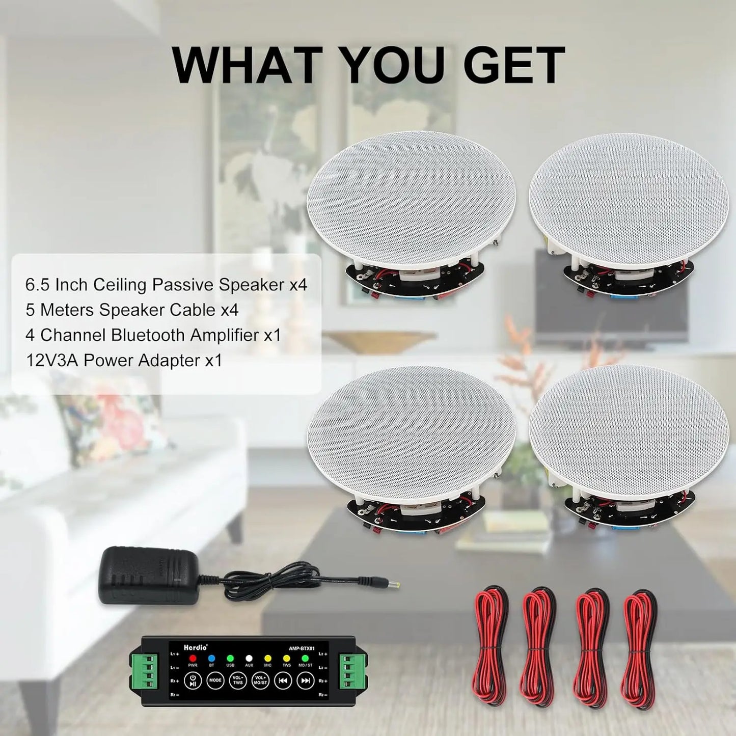 Herdio 4 Pack Bluetooth In Ceiling Speakers With Wall Amplifier