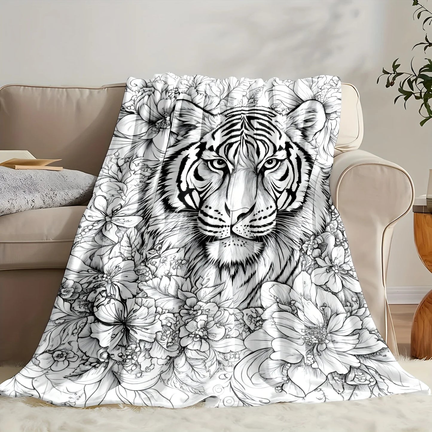 Tiger Floral Coloring Flannel Blanket All Season Bedspread Sofa