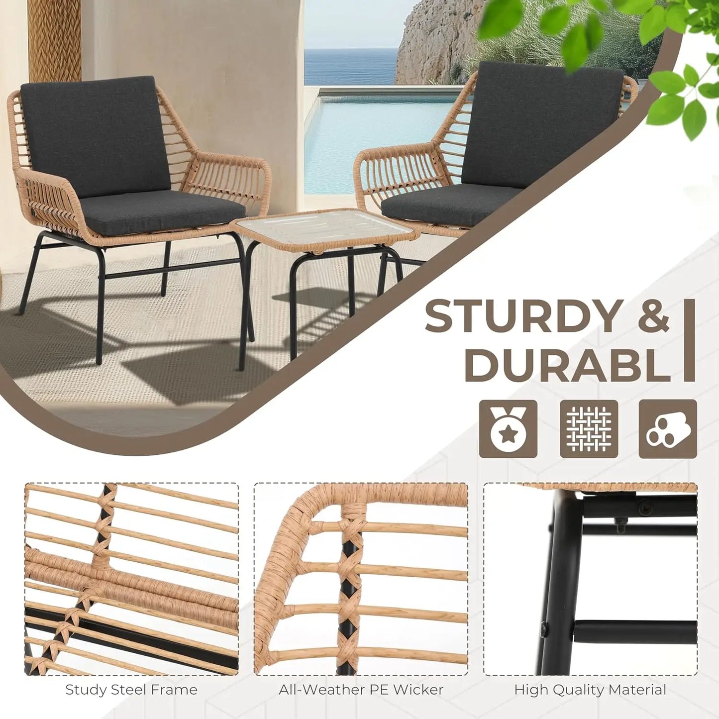 3 Piece Wicker Patio Set With Cushioned Chairs And Table