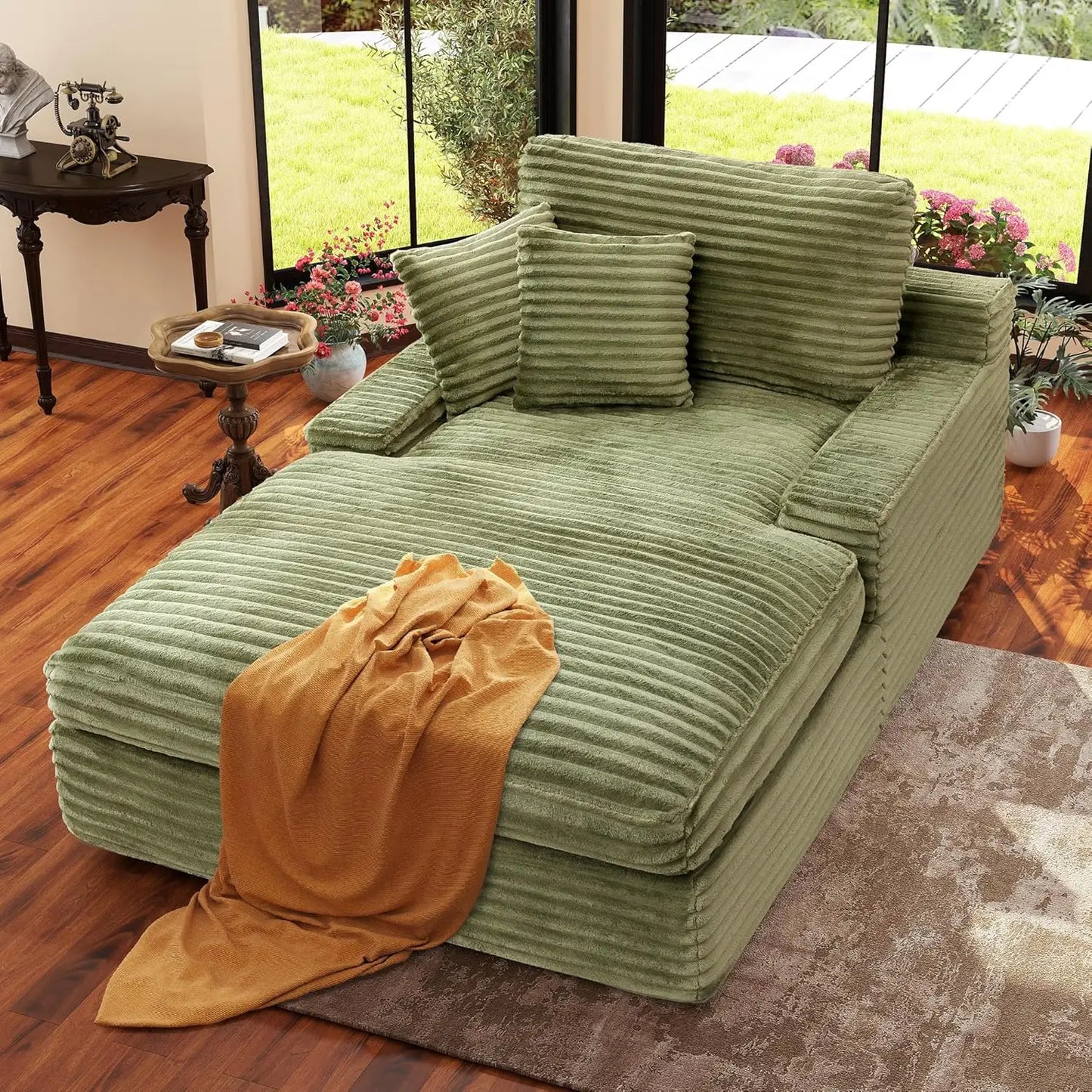 Upholstered Chaise Lounge Sleeper Sofa Corduroy Convertible Bed
