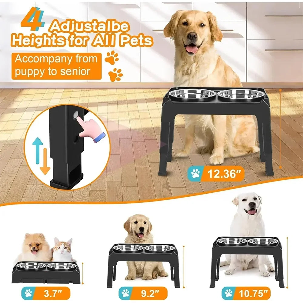 Adjustable Elevated Pet Dish Stand With Double Stainless Steel Bowls
