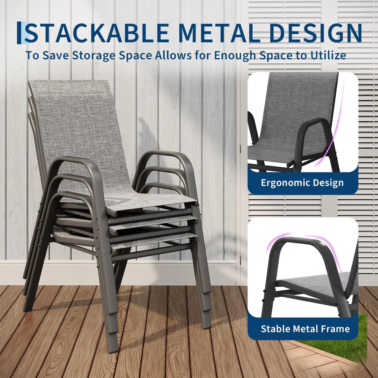 HiMISS Stackable Outdoor Patio Chairs Set All Weather Textilene