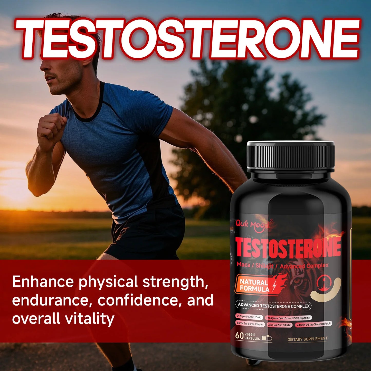 Quit mood Men's Testosterone Capsules | 100mg Maca & 50mg Shilajit & More | Hormone Balance & Stamina Enhancer – 60 Capsules
