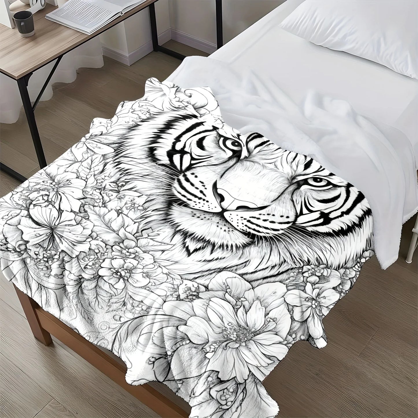 Tiger Floral Coloring Flannel Blanket All Season Bedspread Sofa