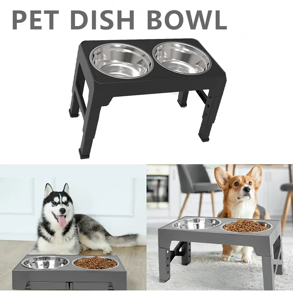 Adjustable Elevated Pet Dish Stand With Double Stainless Steel Bowls